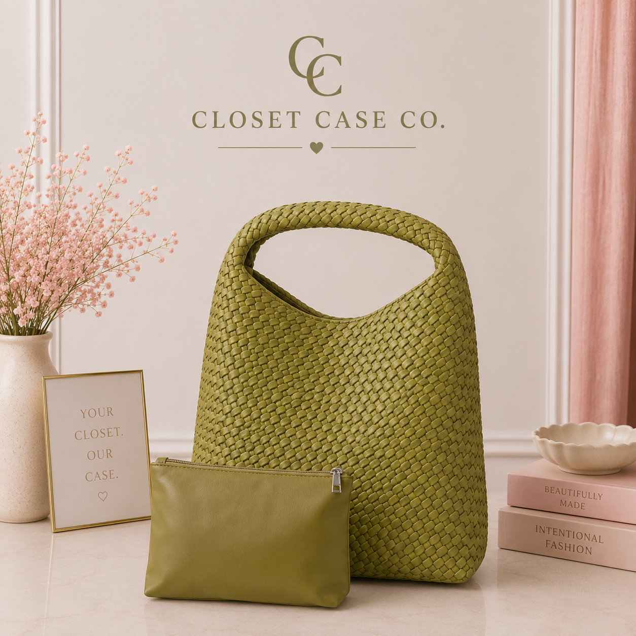 The Willow Large Woven Vegan Leather Tote - Olive