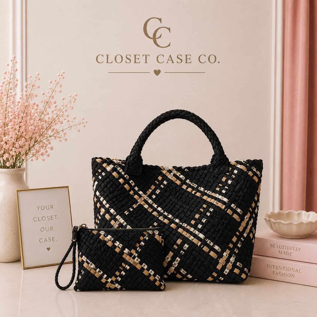 The Charli Large Woven Neoprene Tote with Wristlet | Onyx with Mocha Stripe