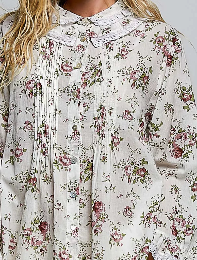 POL Floral Lace Trim Pintuck Button-Down Shirt