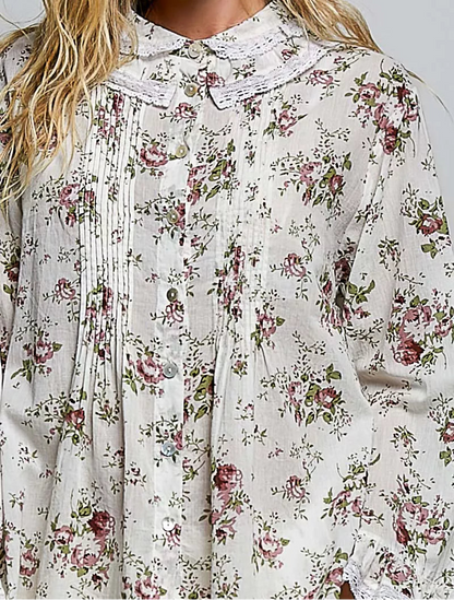 POL Floral Lace Trim Pintuck Button-Down Shirt