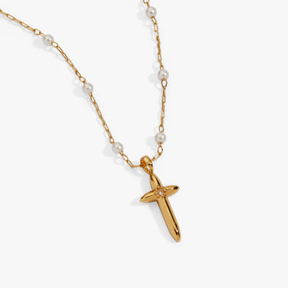 Cross 4:13 Pearl Rosary Chain Pendant Necklace