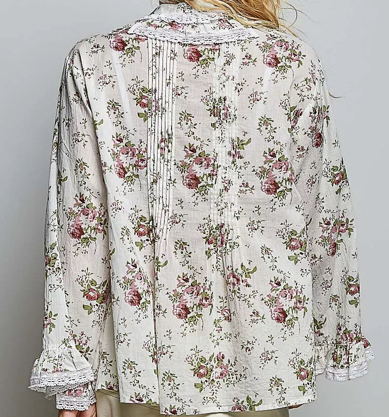 POL Floral Lace Trim Pintuck Button-Down Shirt
