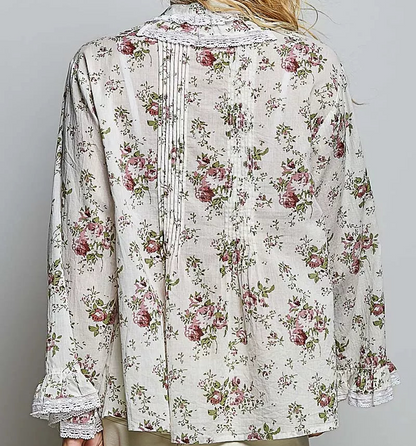 POL Floral Lace Trim Pintuck Button-Down Shirt