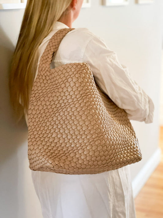 The Willow Large Woven Vegan Leather Tote - Khaki
