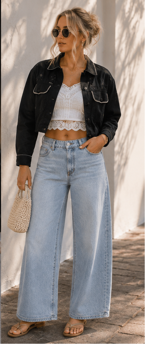 POL Cropped Button-Front Eyelet Cotton Jacket