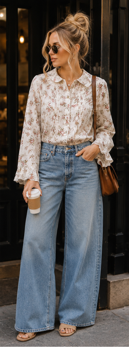 POL Floral Lace Trim Pintuck Button-Down Shirt