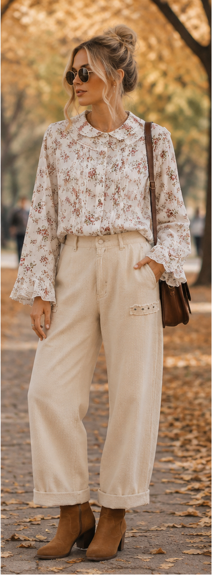 POL Floral Lace Trim Pintuck Button-Down Shirt