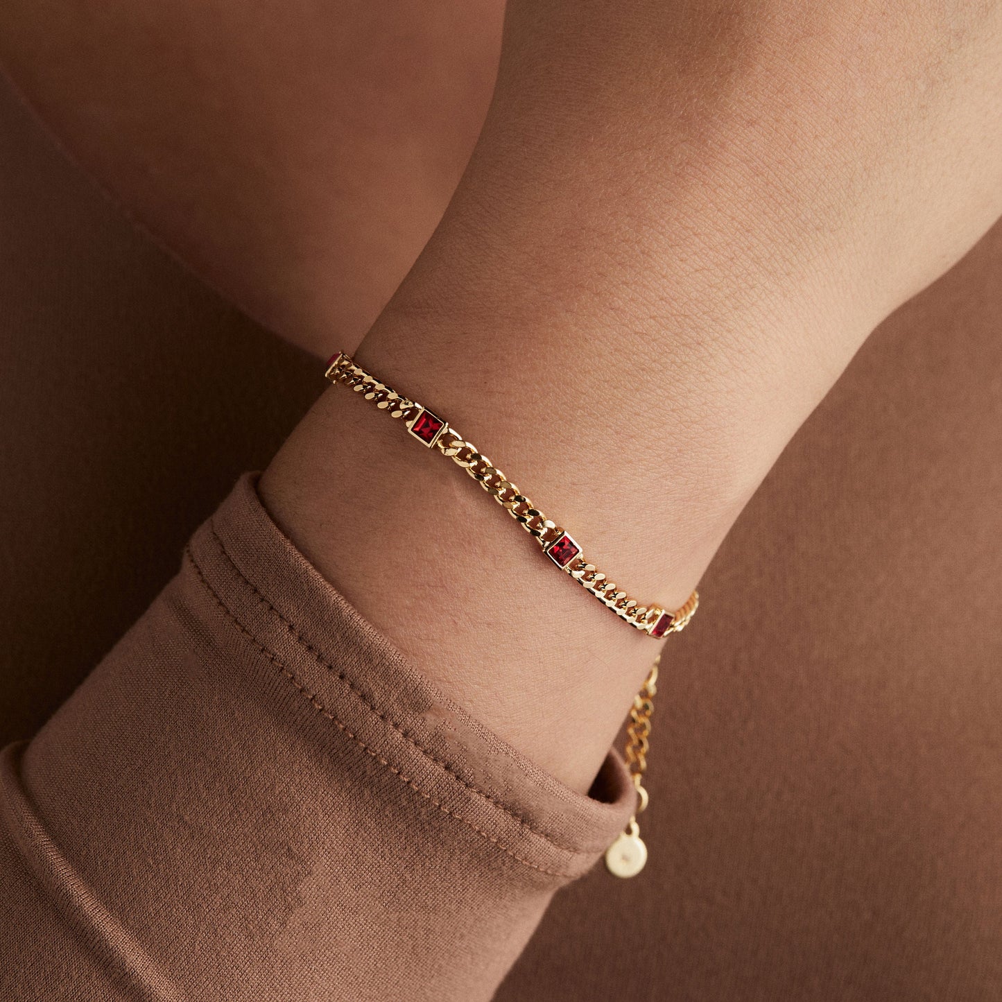 July Birthstone Ruby Curb Chain Bracelet